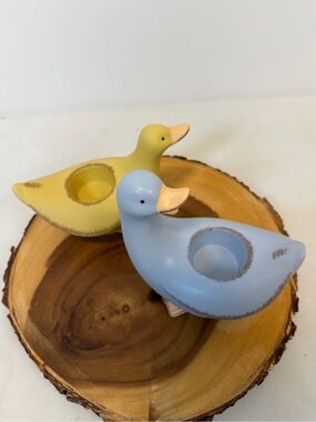 Party Lite Pair Ceramic Duck Tea light Candle Holders Pastel Yellow and Blue